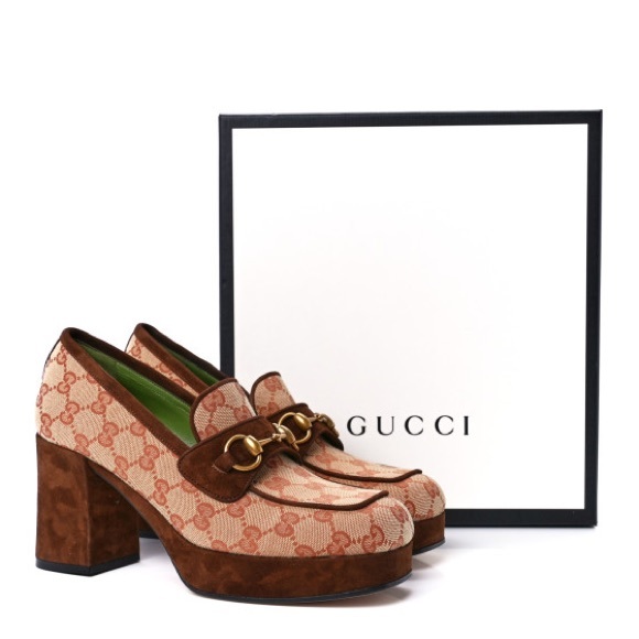 New GUCCI GG Monogram supreme Suede Houdan Mid Heel Platform Loafers - Picture 1 of 8
